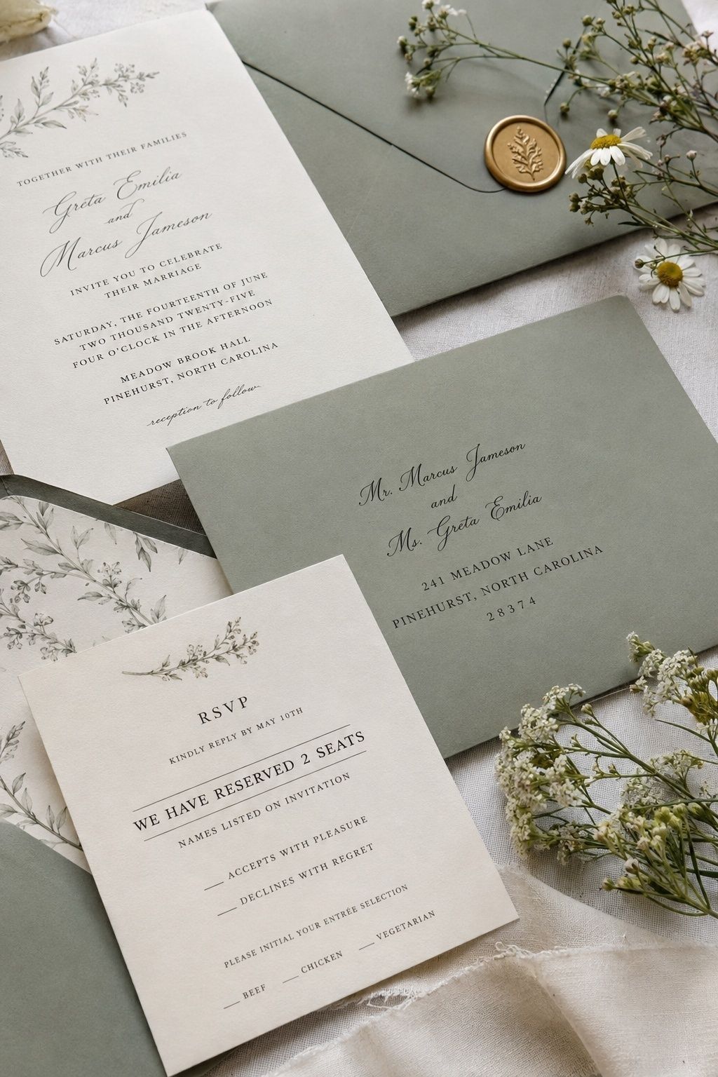 RSVP card showing two reserved seats beside adult-addressed wedding invitation envelope