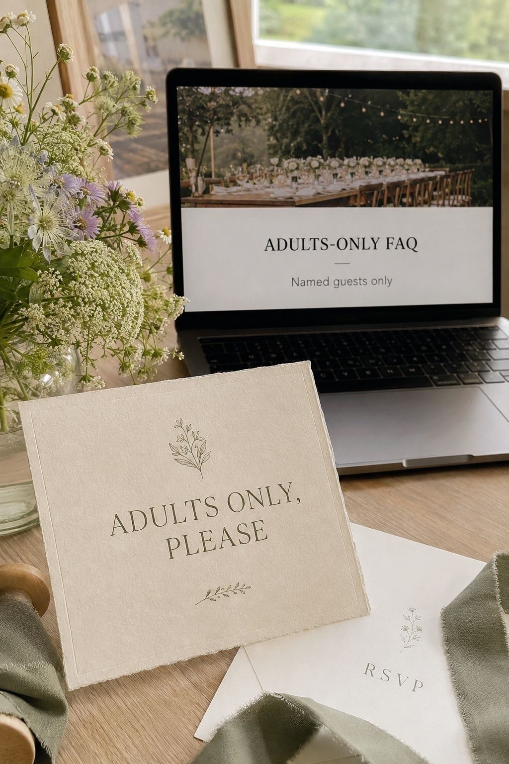 Adults-only details card beside wedding website FAQ for named guests only
