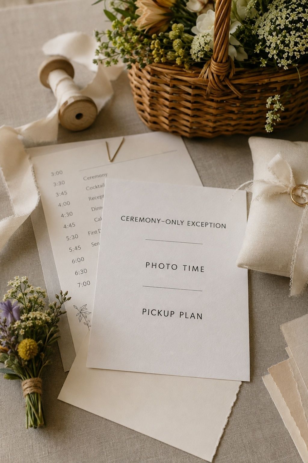 Ceremony-only exception planning card with flower basket ring pillow and pickup plan