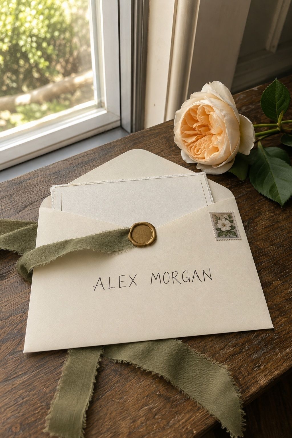 Cream wedding invitation envelope addressed only to named guest Alex Morgan
