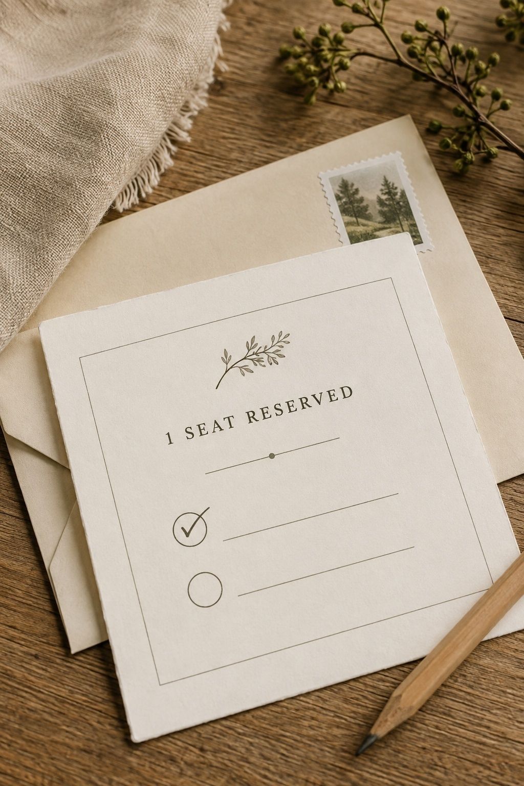 Wedding RSVP card showing one seat reserved for the named guest