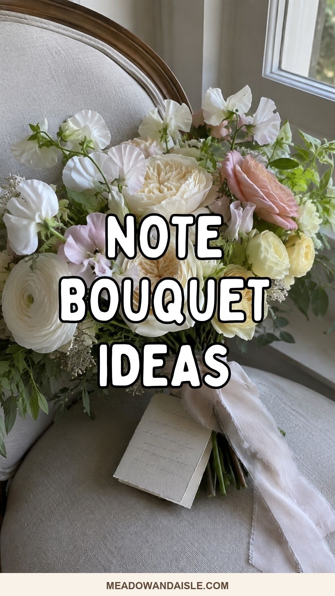 Note bouquet wedding ideas Pinterest pin with a bridal bouquet background and bold title overlay.