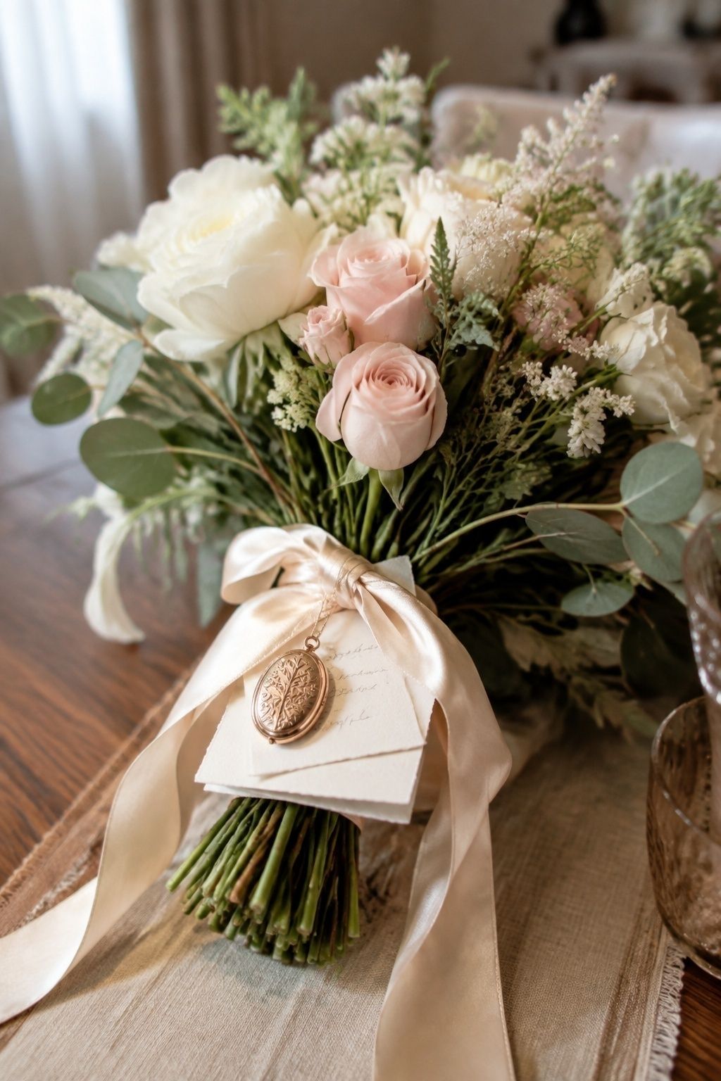 Memorial note tucked near the bouquet handle