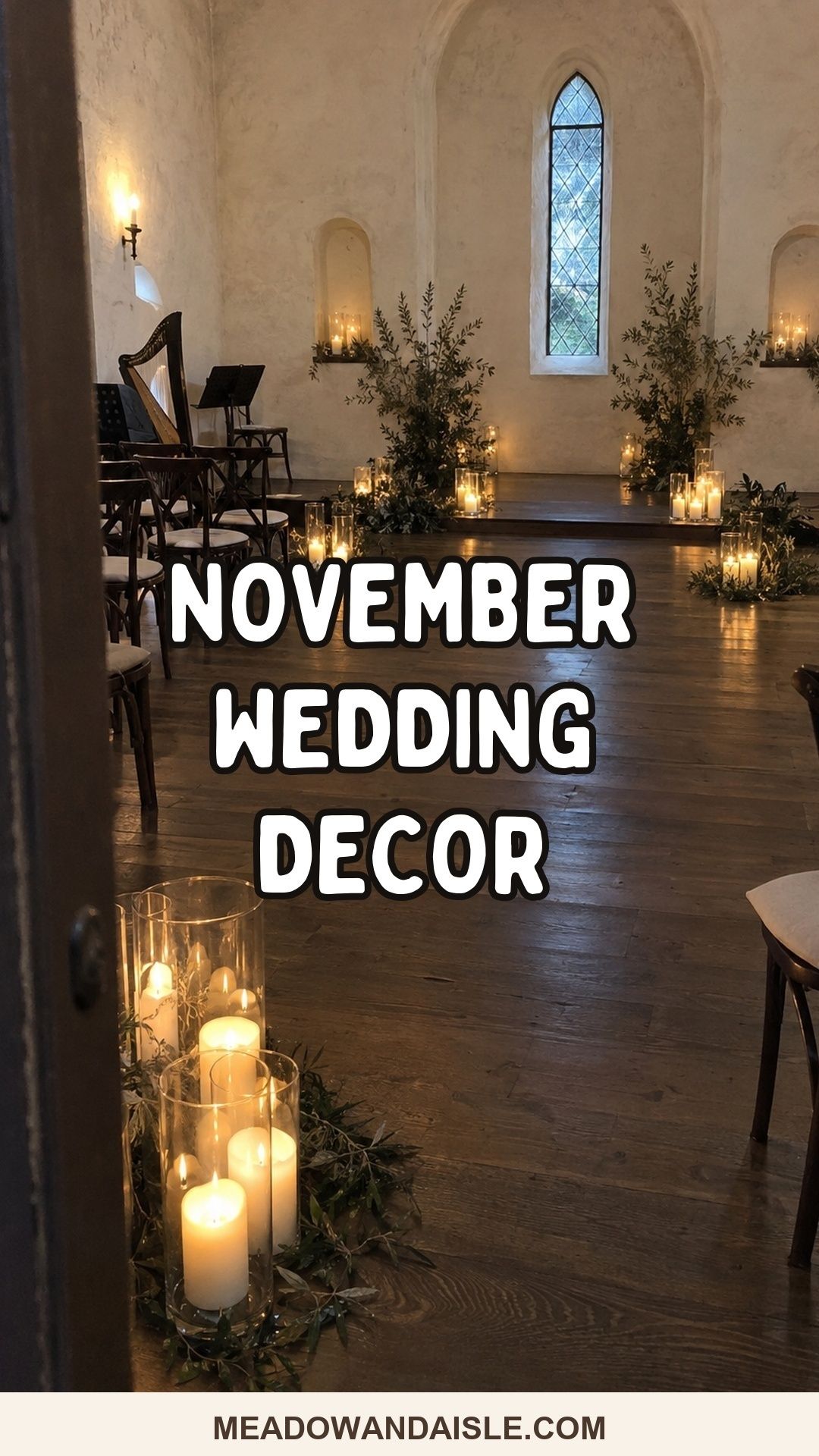 November wedding decor with candlelight in an intimate ceremony room.