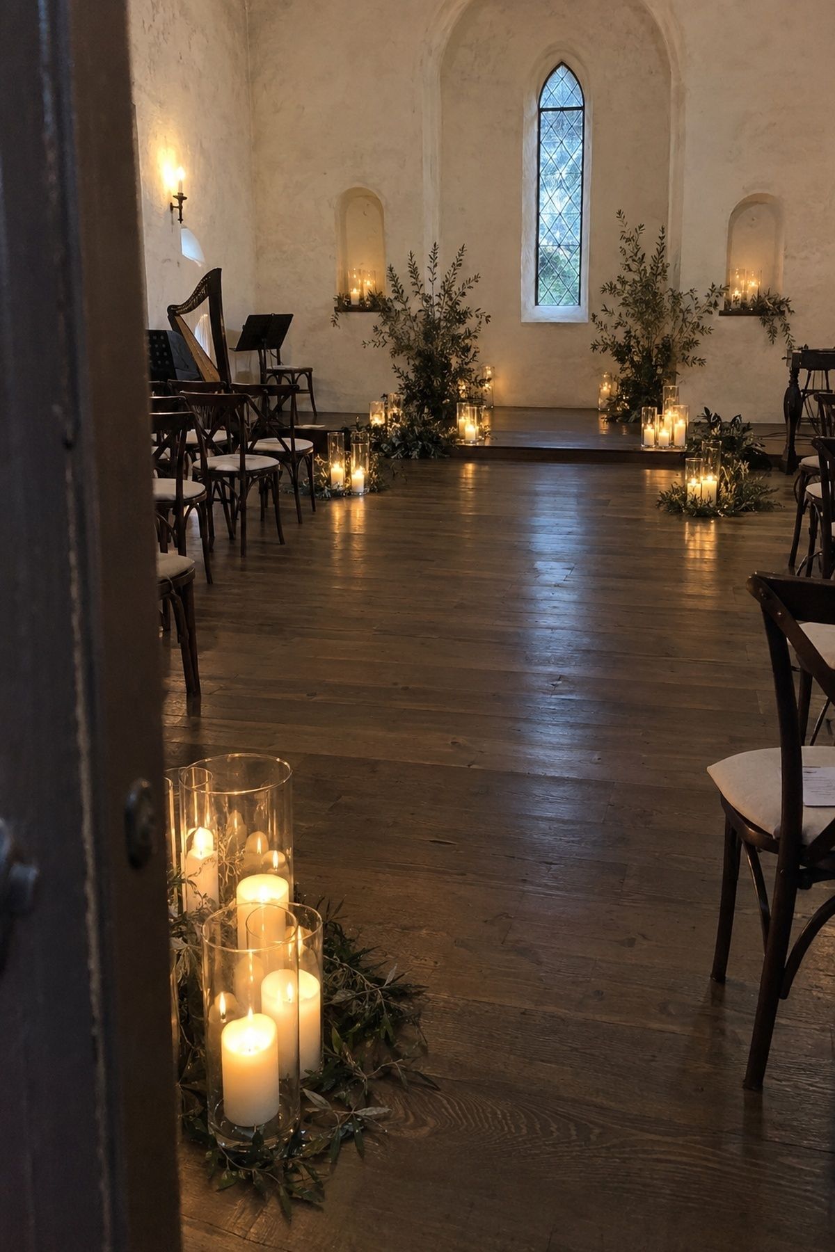 Pillar candles layered around the ceremony space