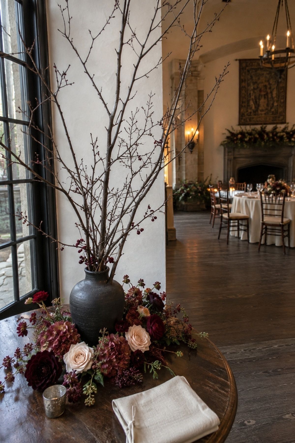 Bare branches styled with low florals