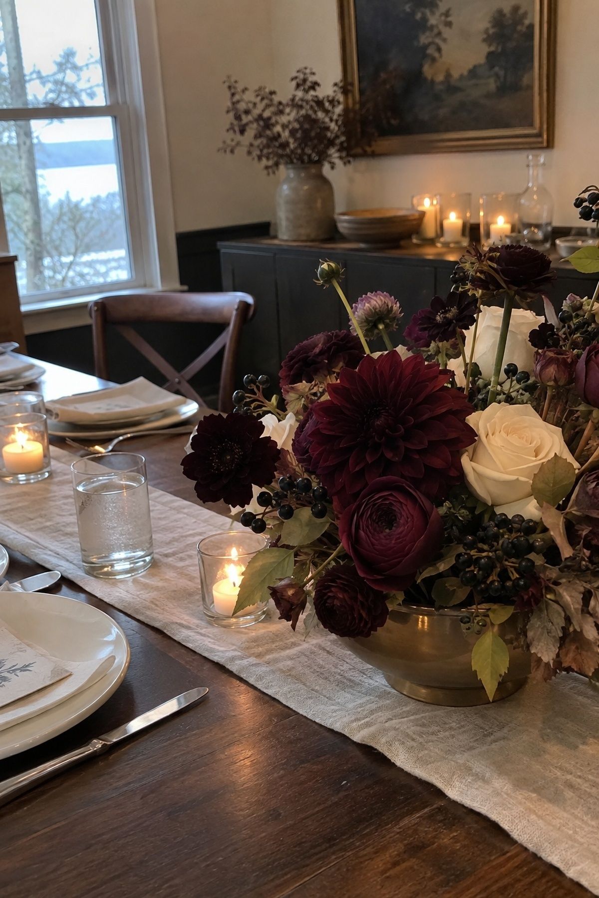 Deep-toned florals in place of holiday greenery