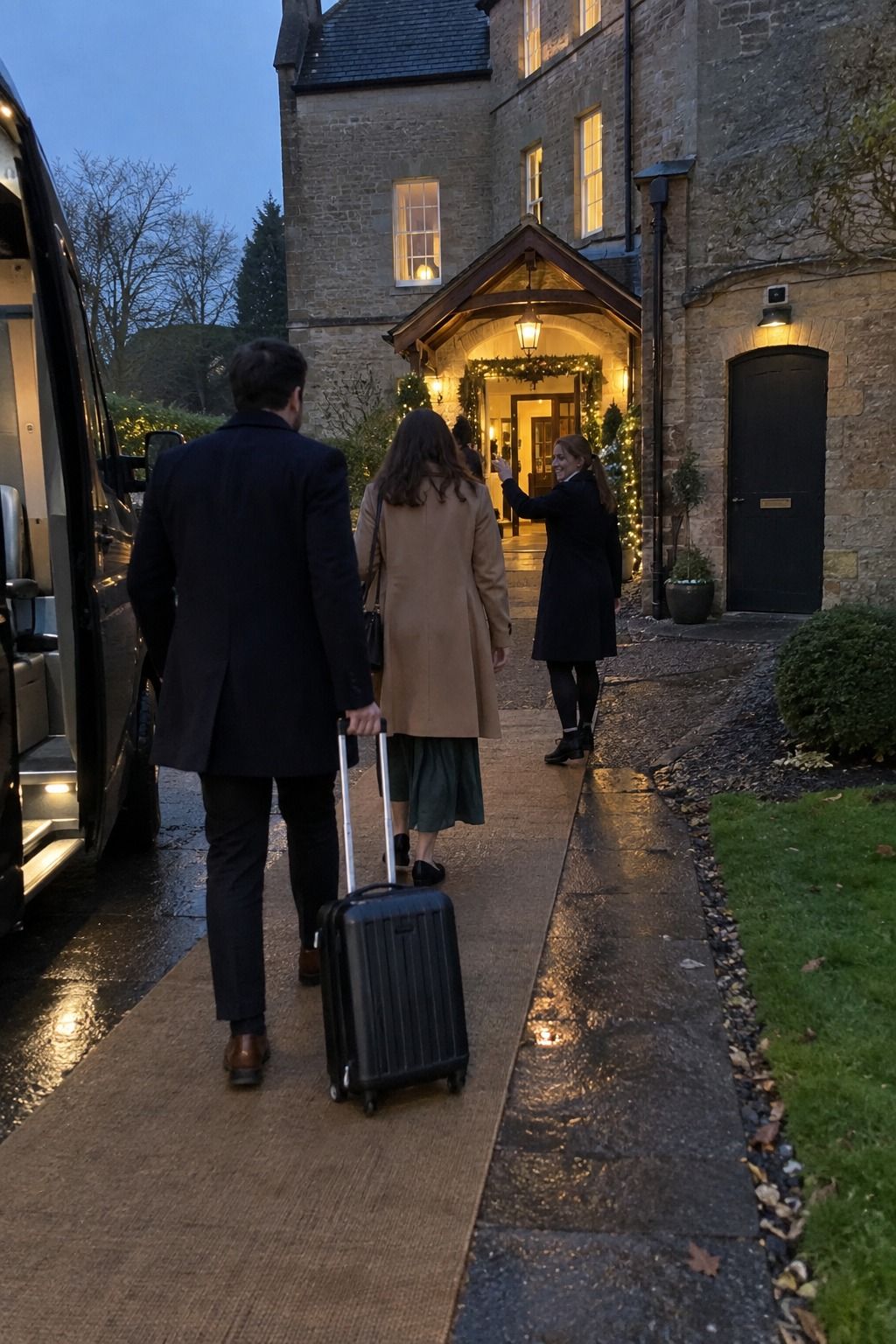 Wedding guests follow a host along a short covered route from a shuttle to the warmly lit November wedding entrance.