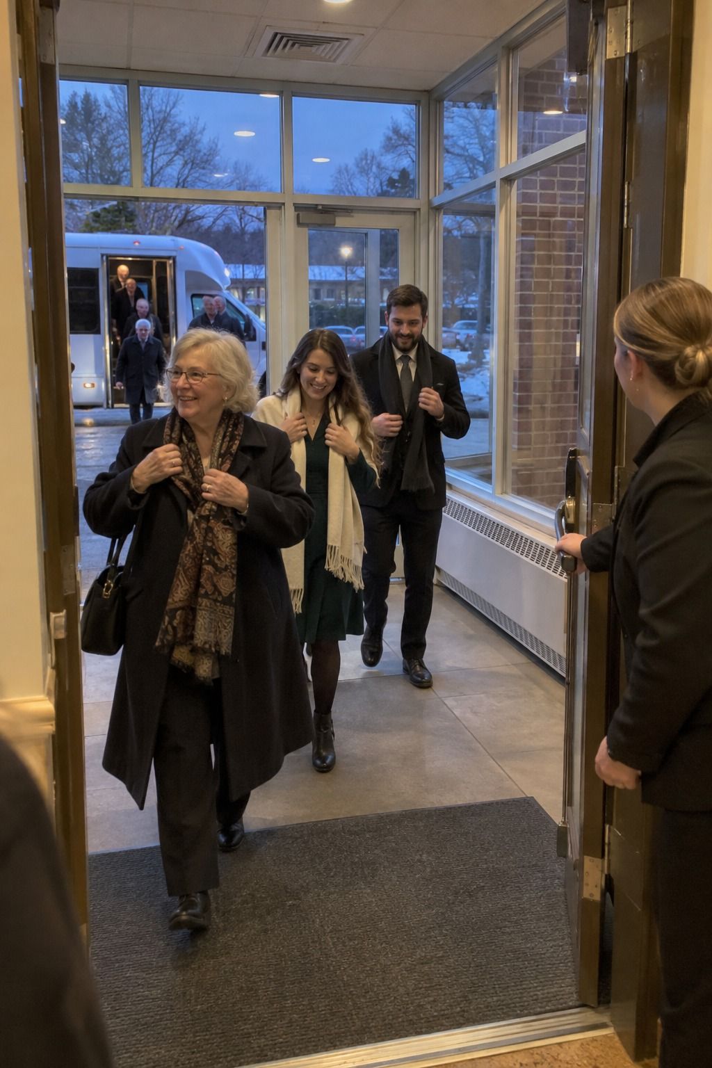 Wedding guests walk through a safely heated covered transition from the shuttle drop-off to the reception.
