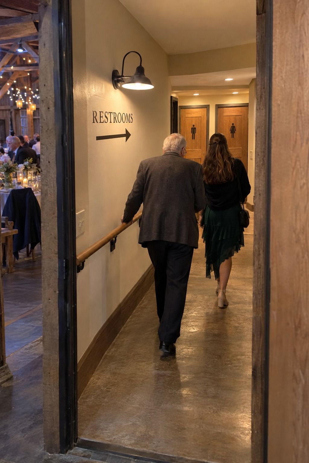 Wedding guests follow a clear RESTROOMS sign along a short dry indoor corridor with a handrail.