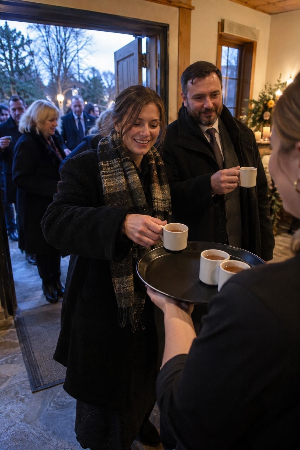A server offers small mugs of hot cider after guests enter the warm reception following a brief November ceremony.