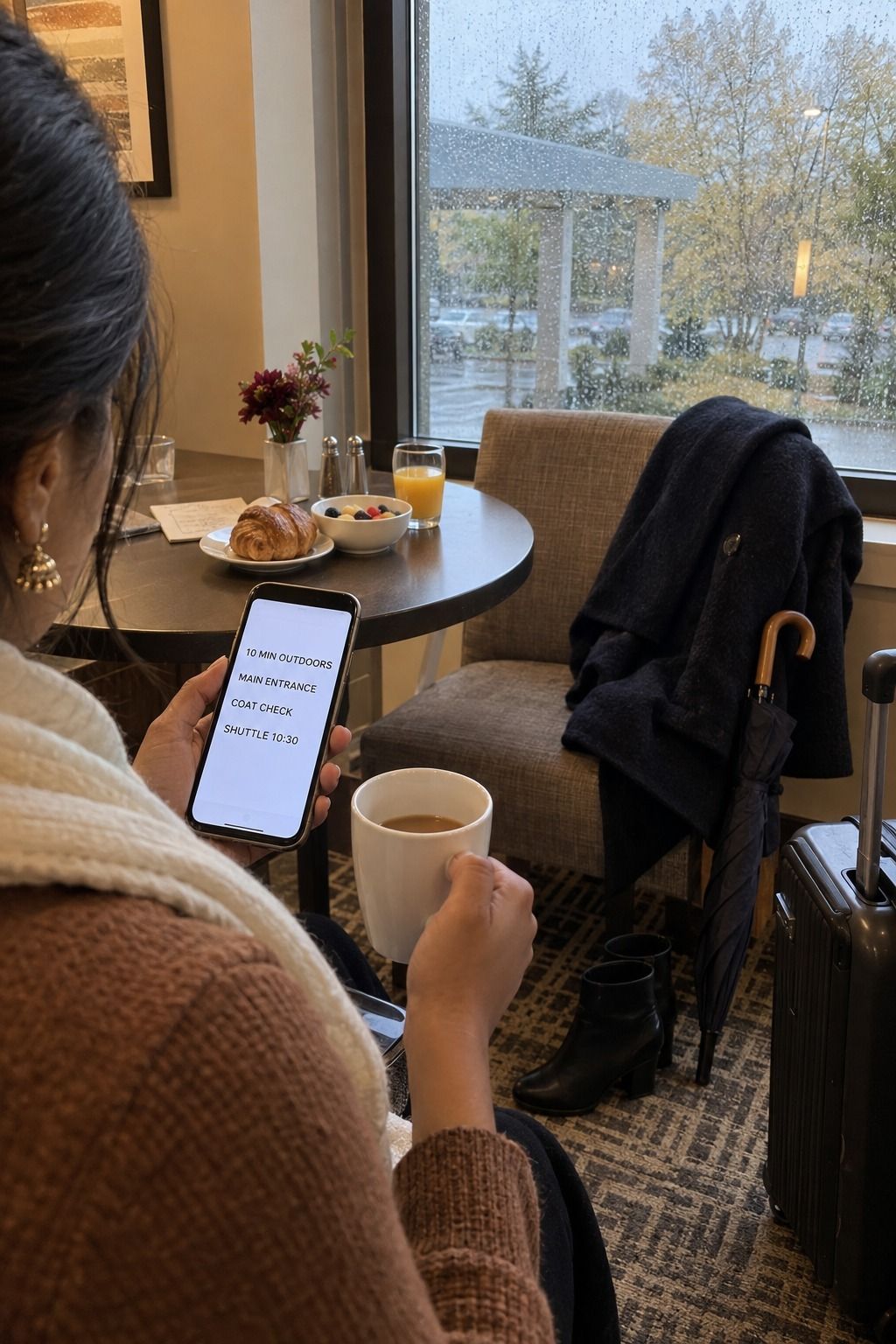 A November wedding guest reads a clear phone message about outdoor time, entrance, coat check, and shuttle timing.
