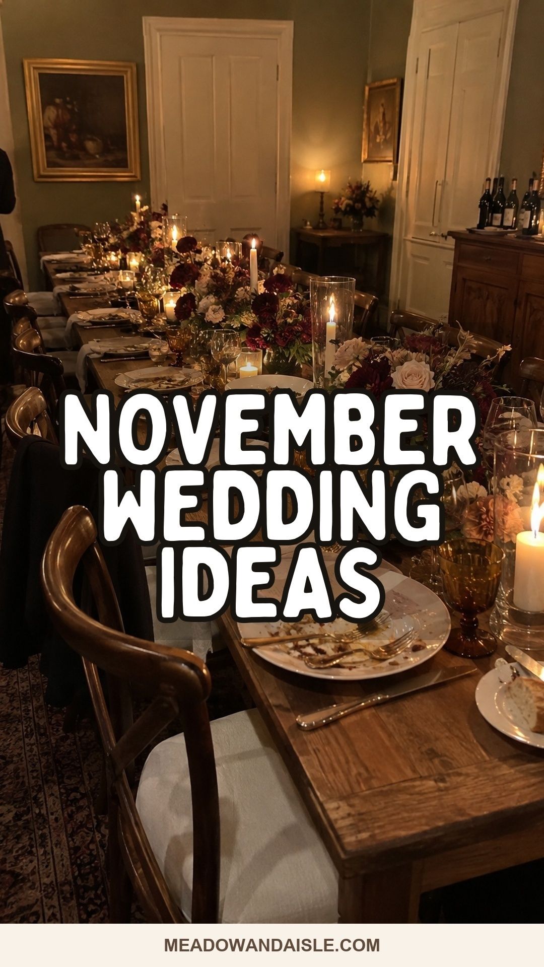 November wedding ideas Pinterest pin with a candlelit intimate reception.