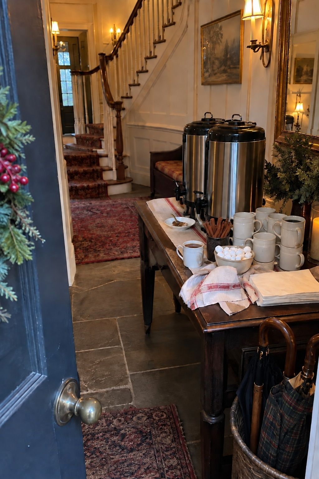 Hot cider and cocoa welcome station at a November wedding.