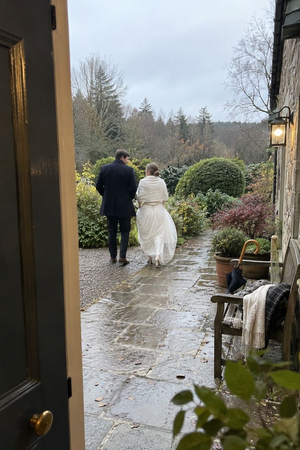 Newlyweds taking a brief outdoor portrait walk at a November wedding.