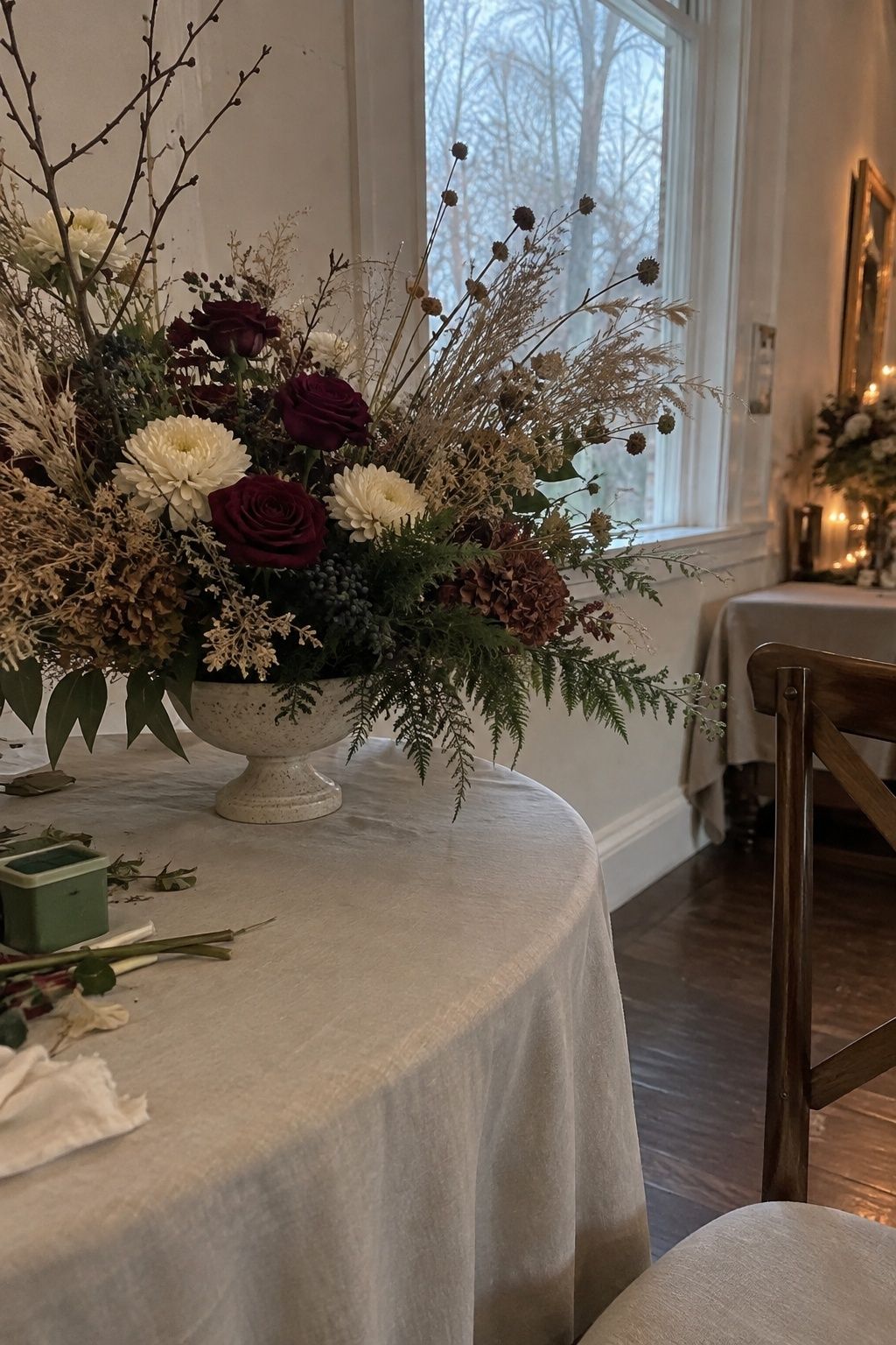 November wedding flowers with bare branches, dried grasses, berries, and fresh blooms.