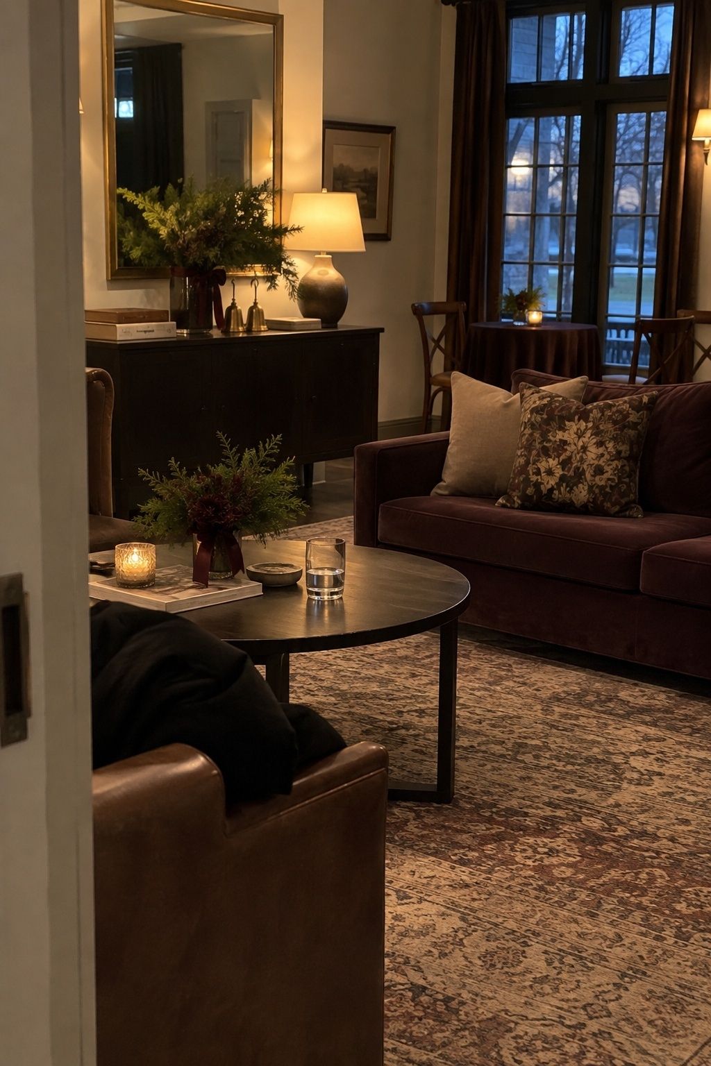 Subtle late-November wedding lounge decor with candlelight and greenery.