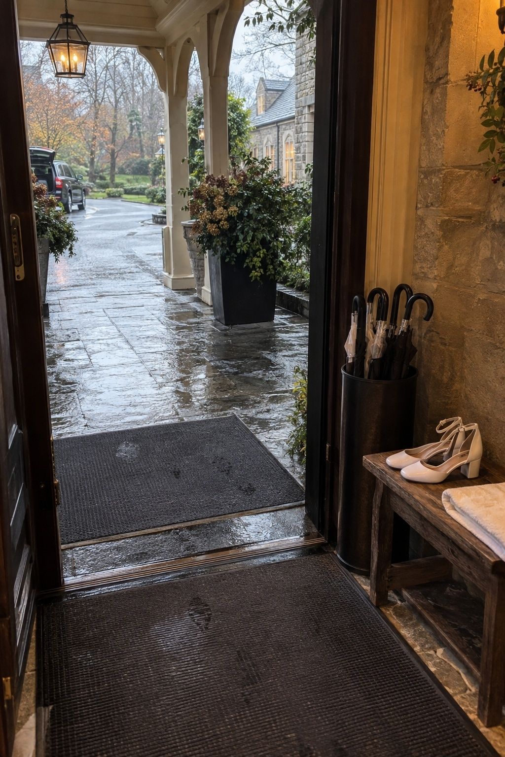 Rain-friendly November wedding entrance with mats, umbrellas, and practical shoes.