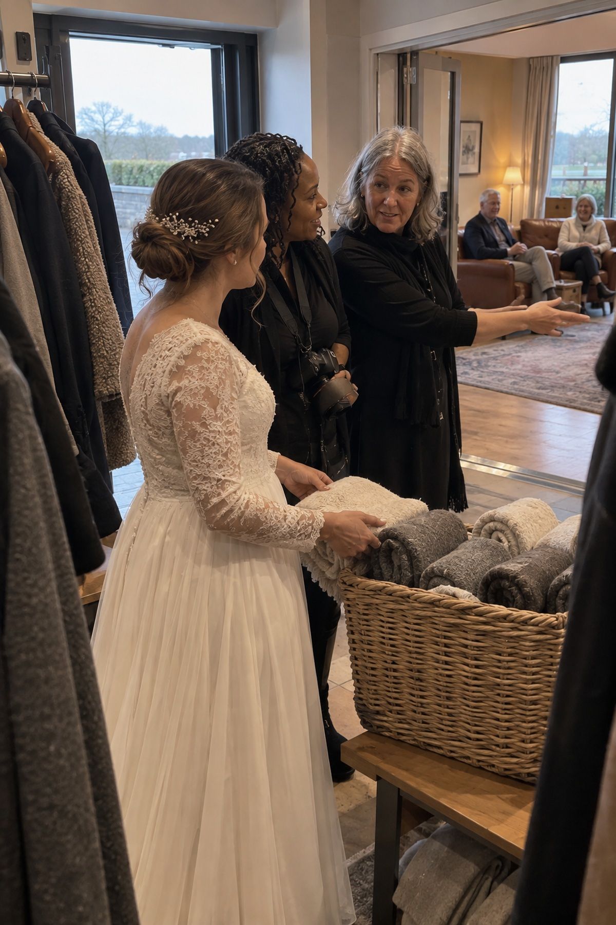 A bride and wedding team review wraps and warm indoor seating for November portraits.