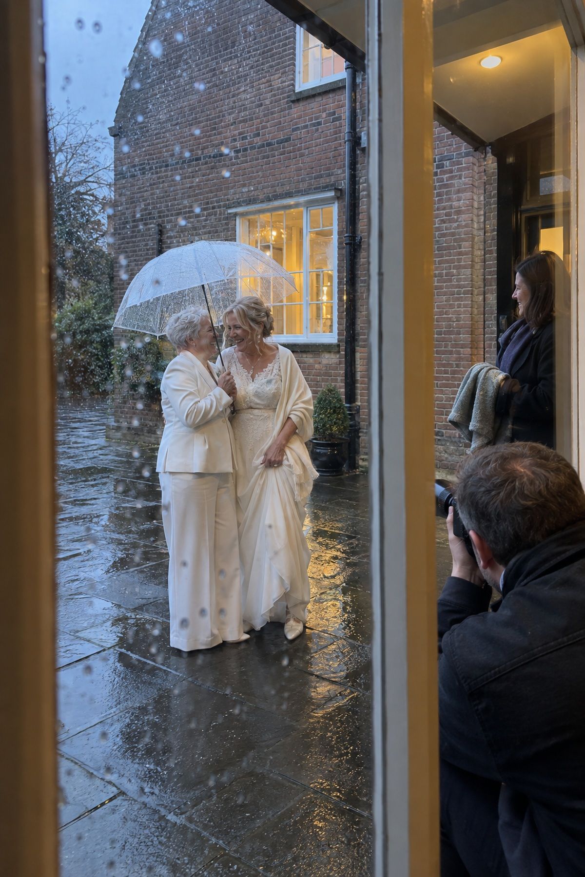 Two older brides share a transparent umbrella for brief November rain portraits.