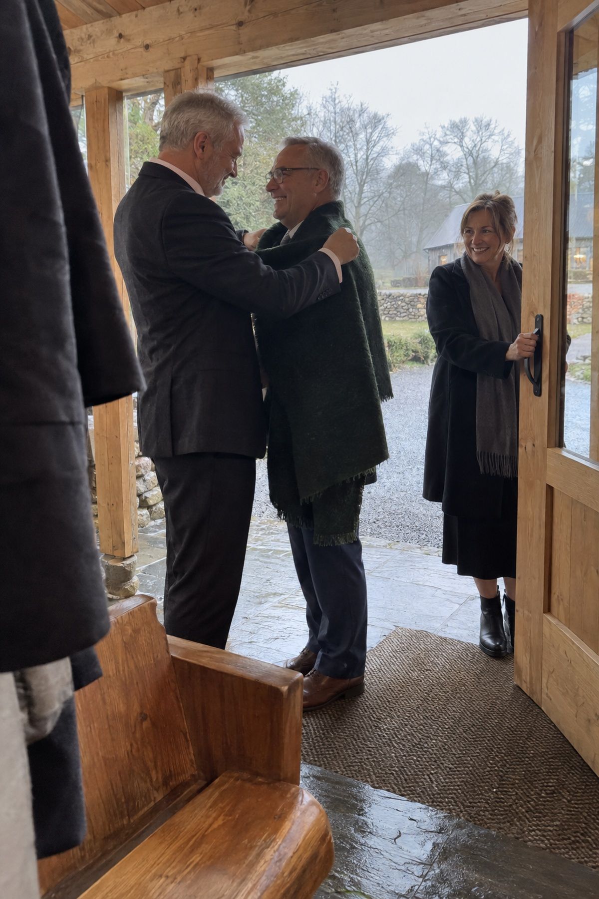 One groom wraps his husband in a warm shawl at a November wedding doorway.