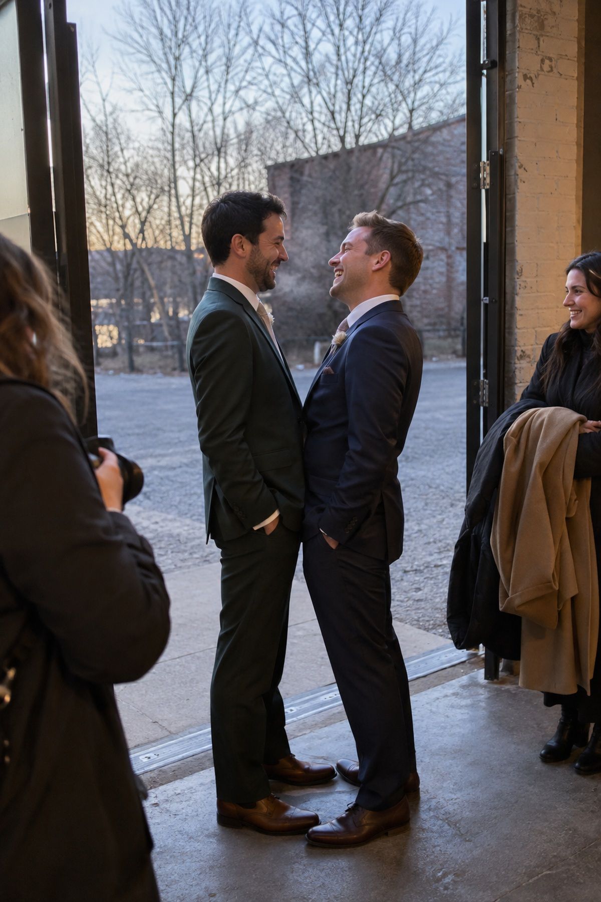 Two grooms laugh in the cold air during brief November wedding portraits.