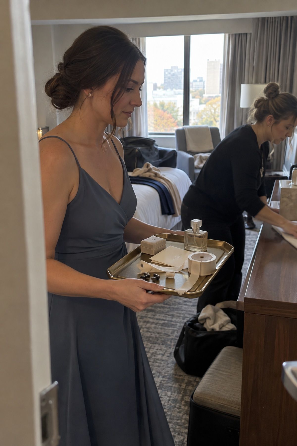A bridesmaid carries a contained tray of fragile wedding details for the photographer.