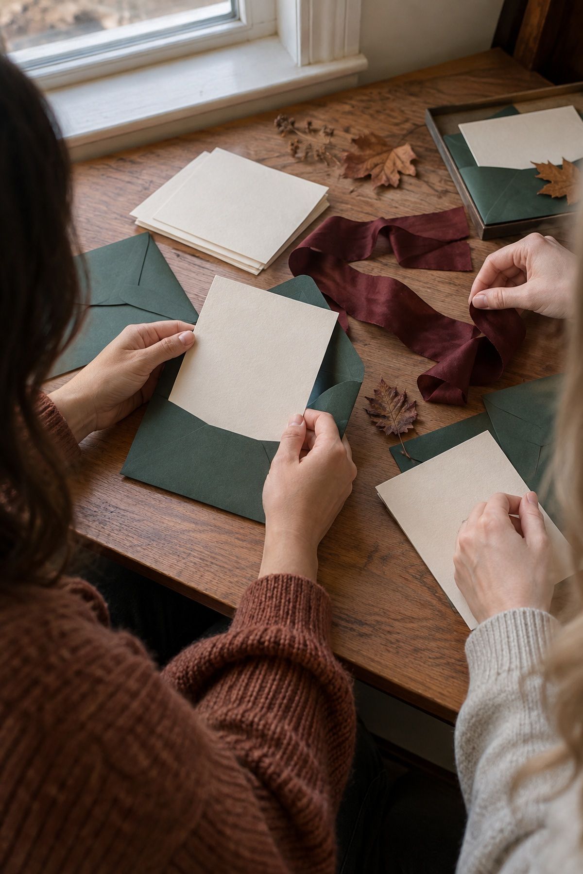Friends arrange a blank late-fall invitation suite with ribbon and natural leaf texture.