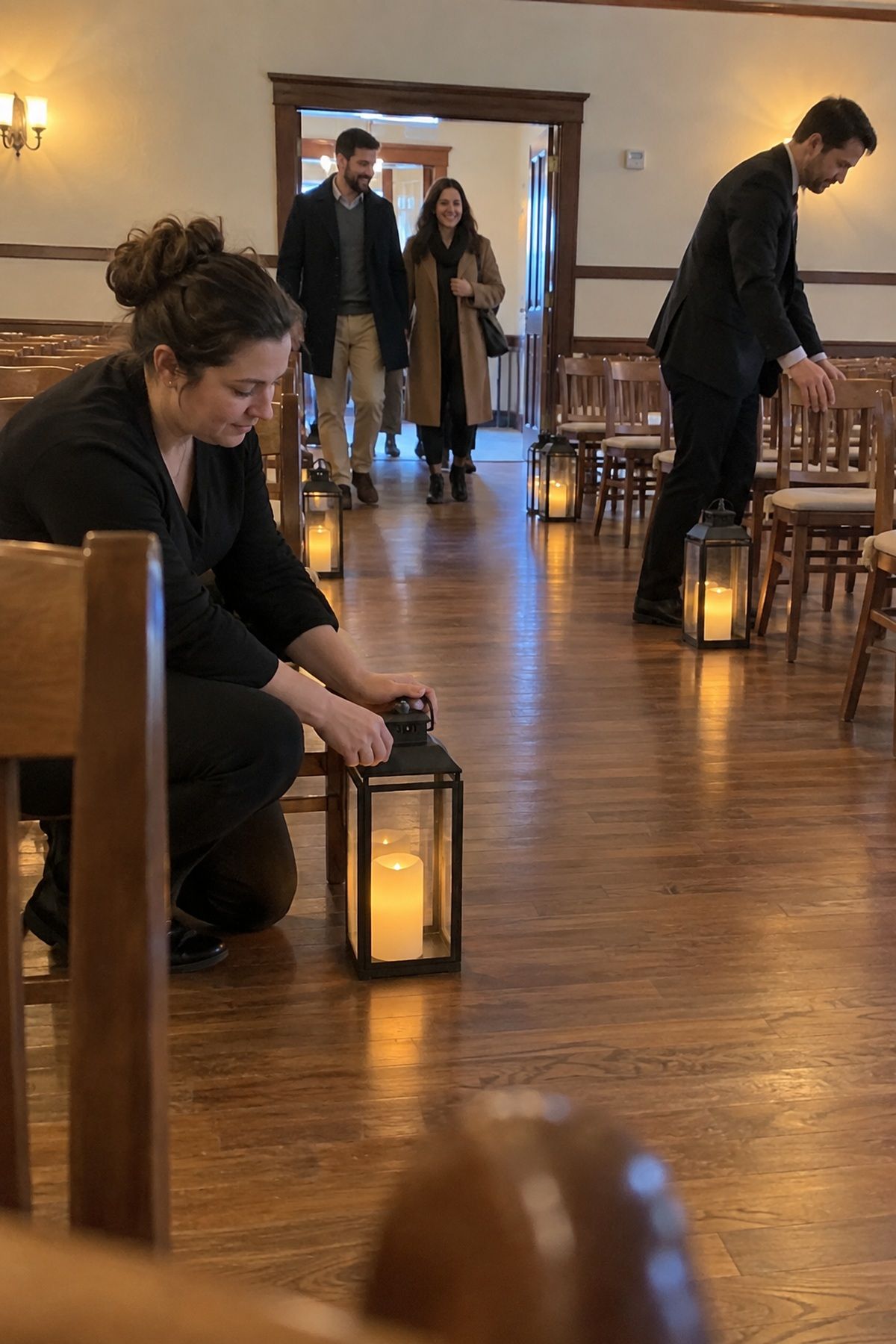 A coordinator switches on enclosed LED lanterns along a November ceremony aisle.