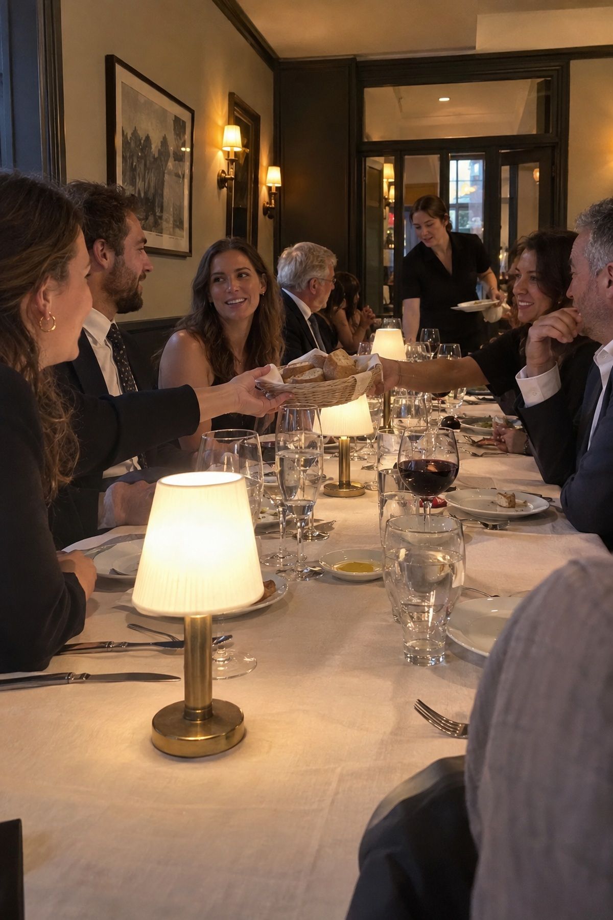 Guests share dinner around a November wedding table lit by small lamps.