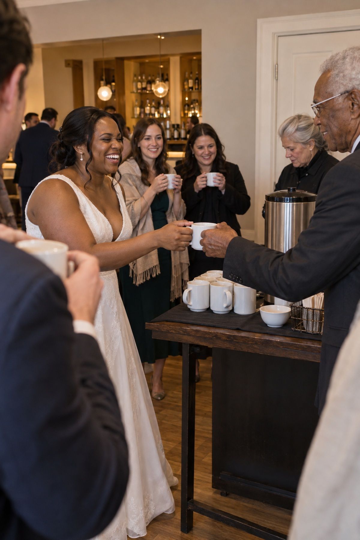 A bride accepts a warm drink from her grandfather at a November reception.