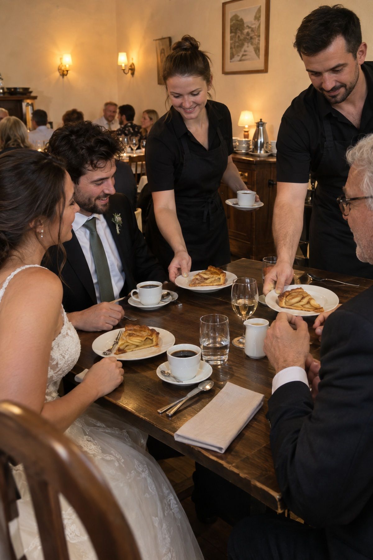 Caterers serve flower-free apple tart and coffee at a November wedding dinner.