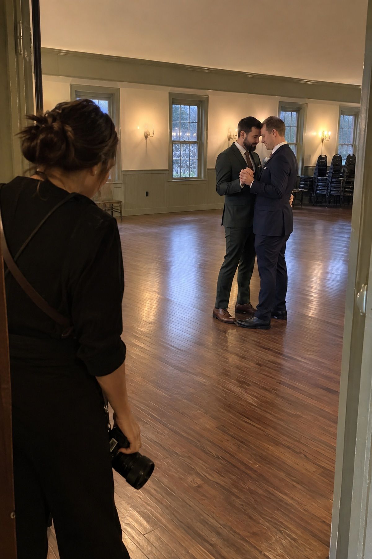 Two grooms share a private last dance in a quiet November reception room.