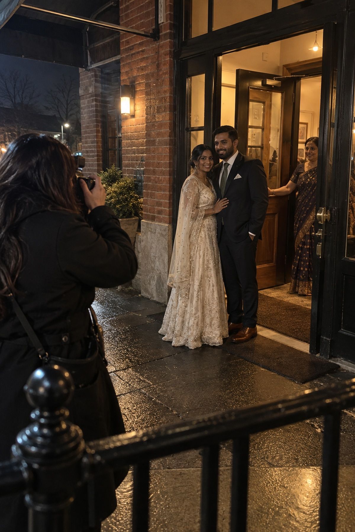 A newlywed couple pauses in warm doorway light for their final November portrait.