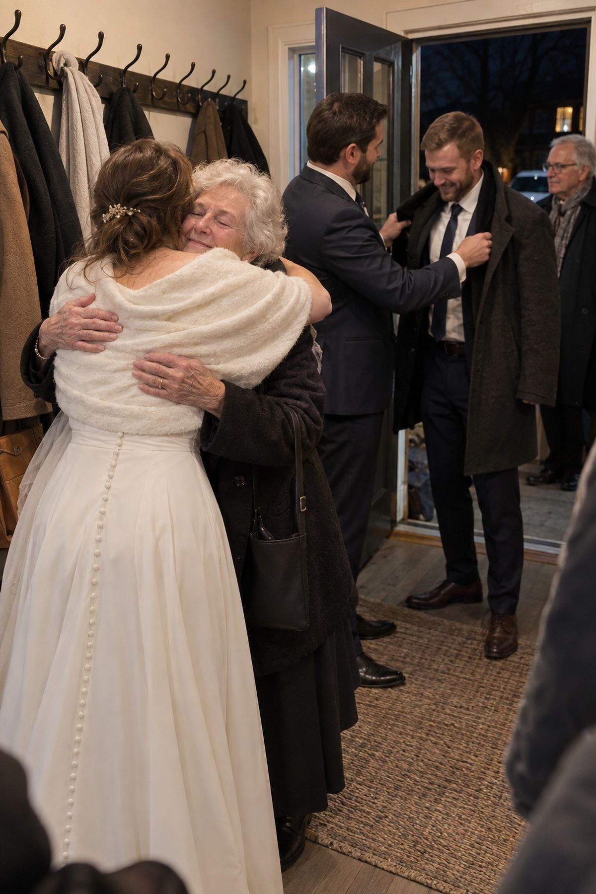 A bride hugs her grandmother while family gathers coats at the end of a November wedding.