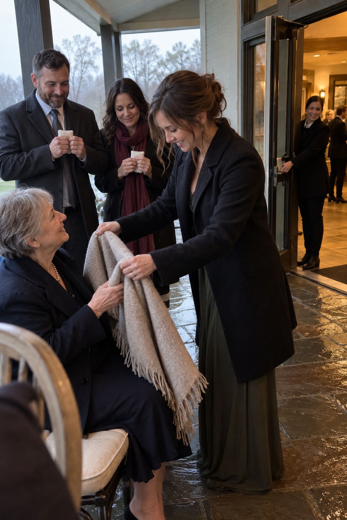 A coordinator offers a wrap to a seated guest during cold November wedding photos.