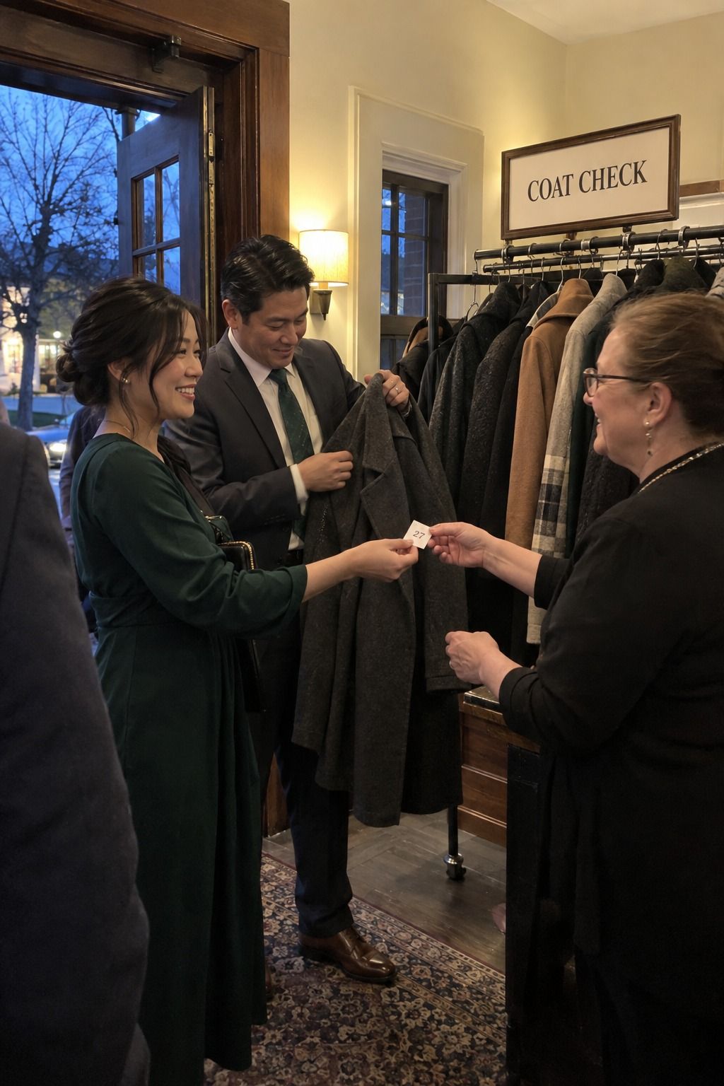 An attendant welcomes arriving November wedding guests at a clearly identified coat check.