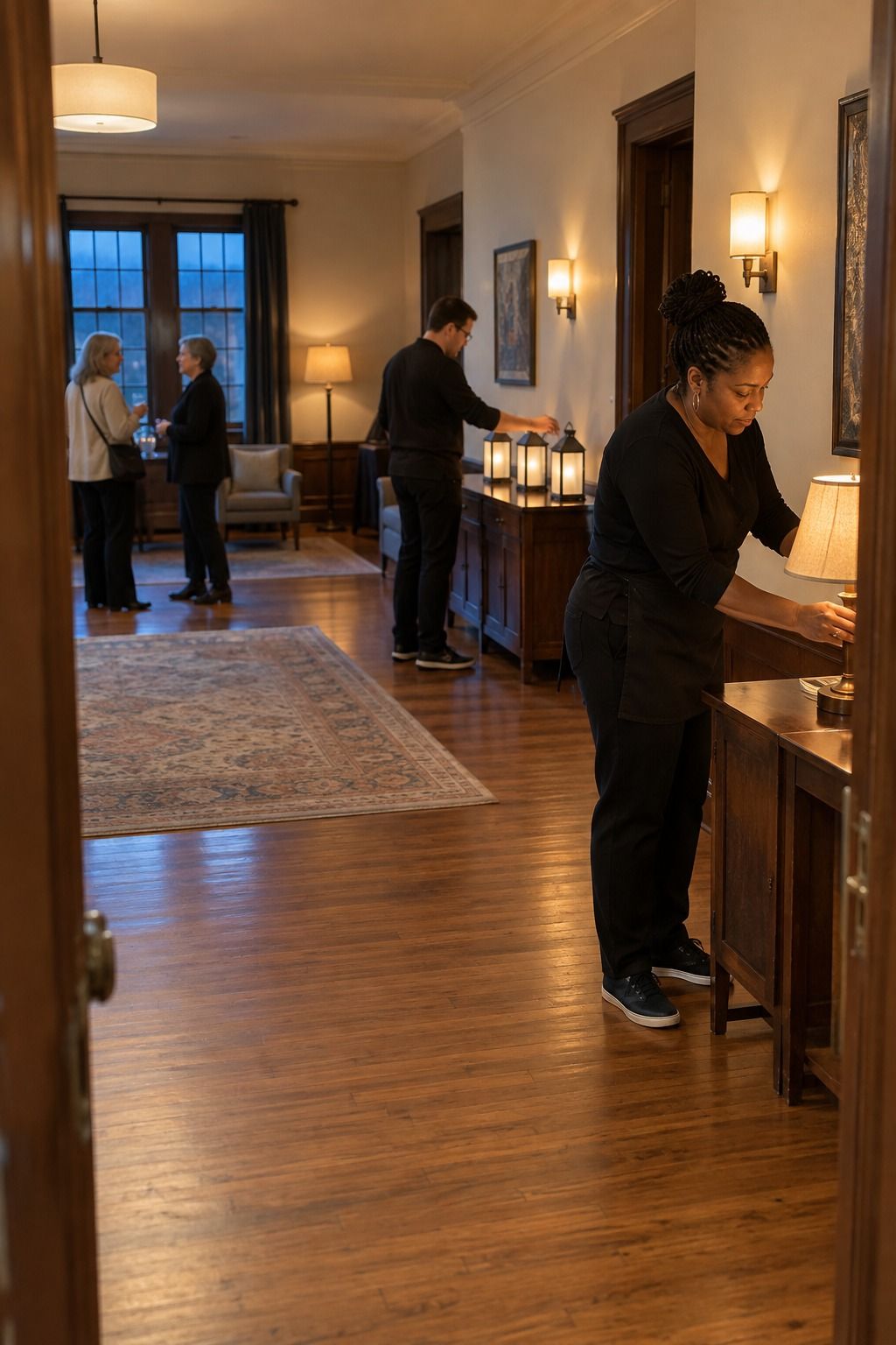 A coordinator layers lamps, sconces, and safe low lights before the early-dark reception begins.