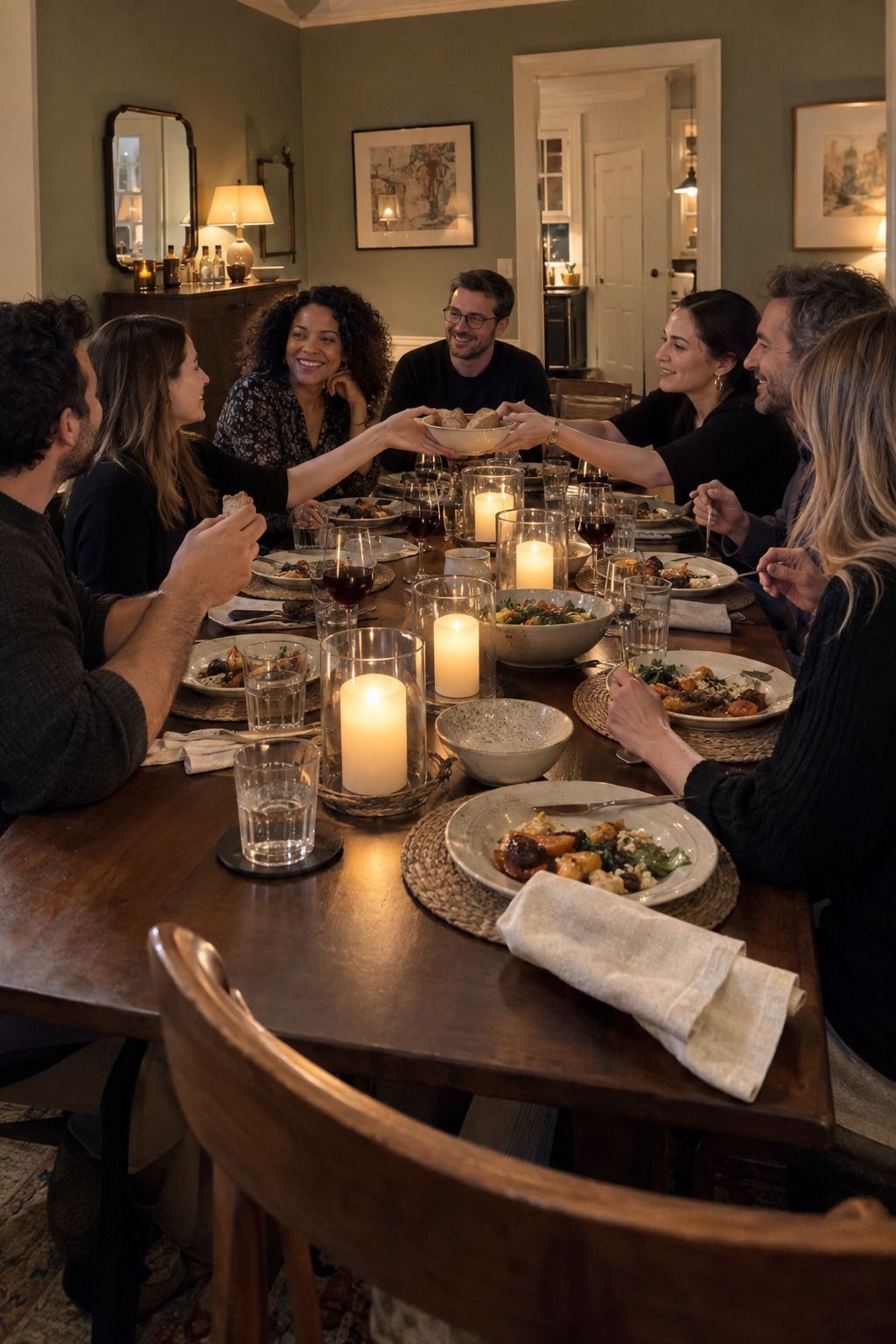 Guests share a warm dinner-party reception around one occupied table with enclosed faux candles.