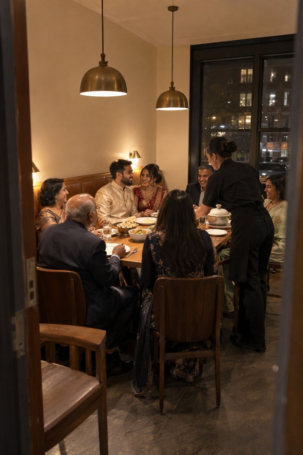 A small wedding dinner uses a warm private restaurant room with built-in service.