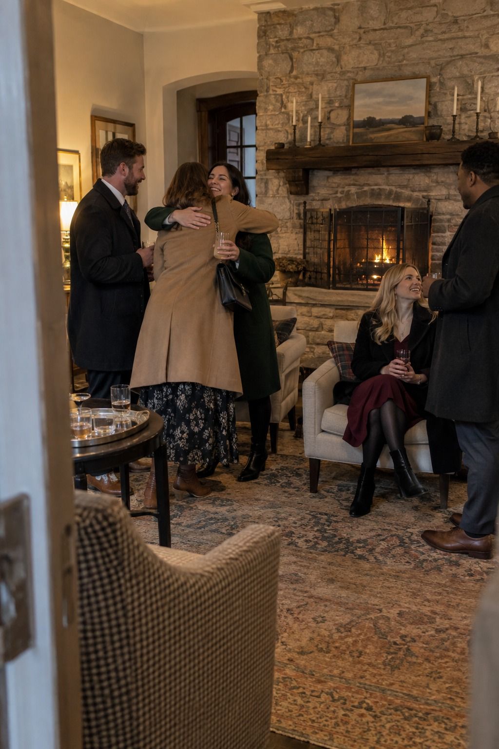 Guests gather naturally in a lounge beside a safely screened fireplace.