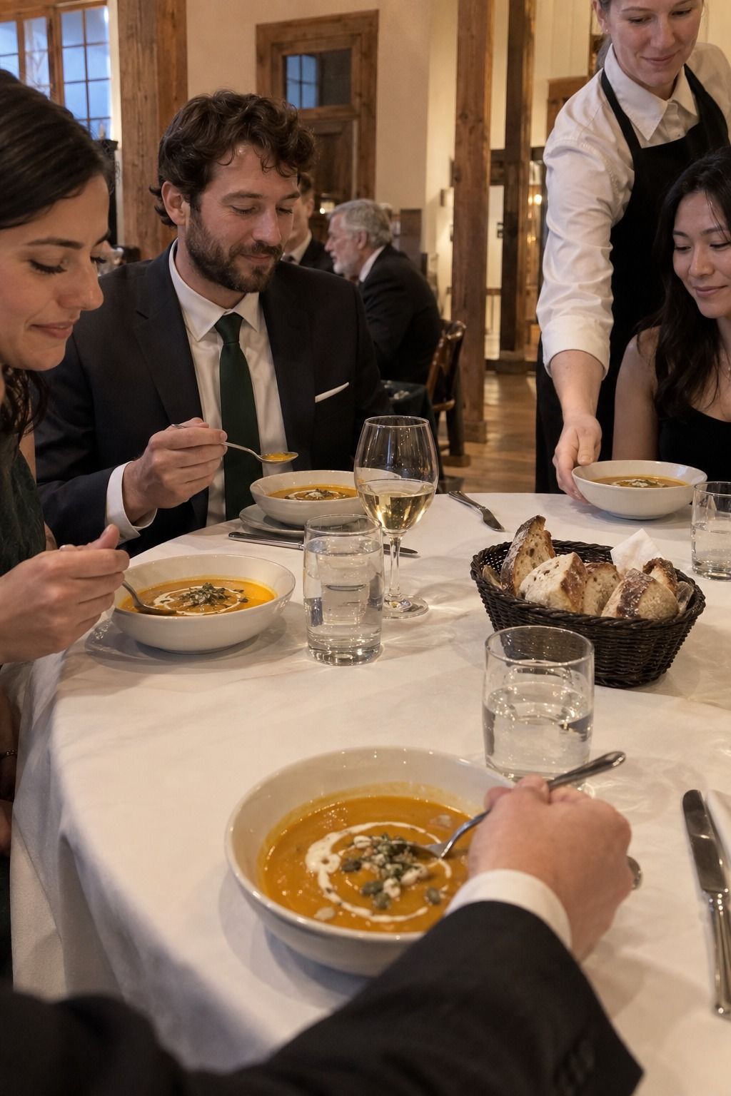 Guests begin dinner together with a warm comfort-food first course.