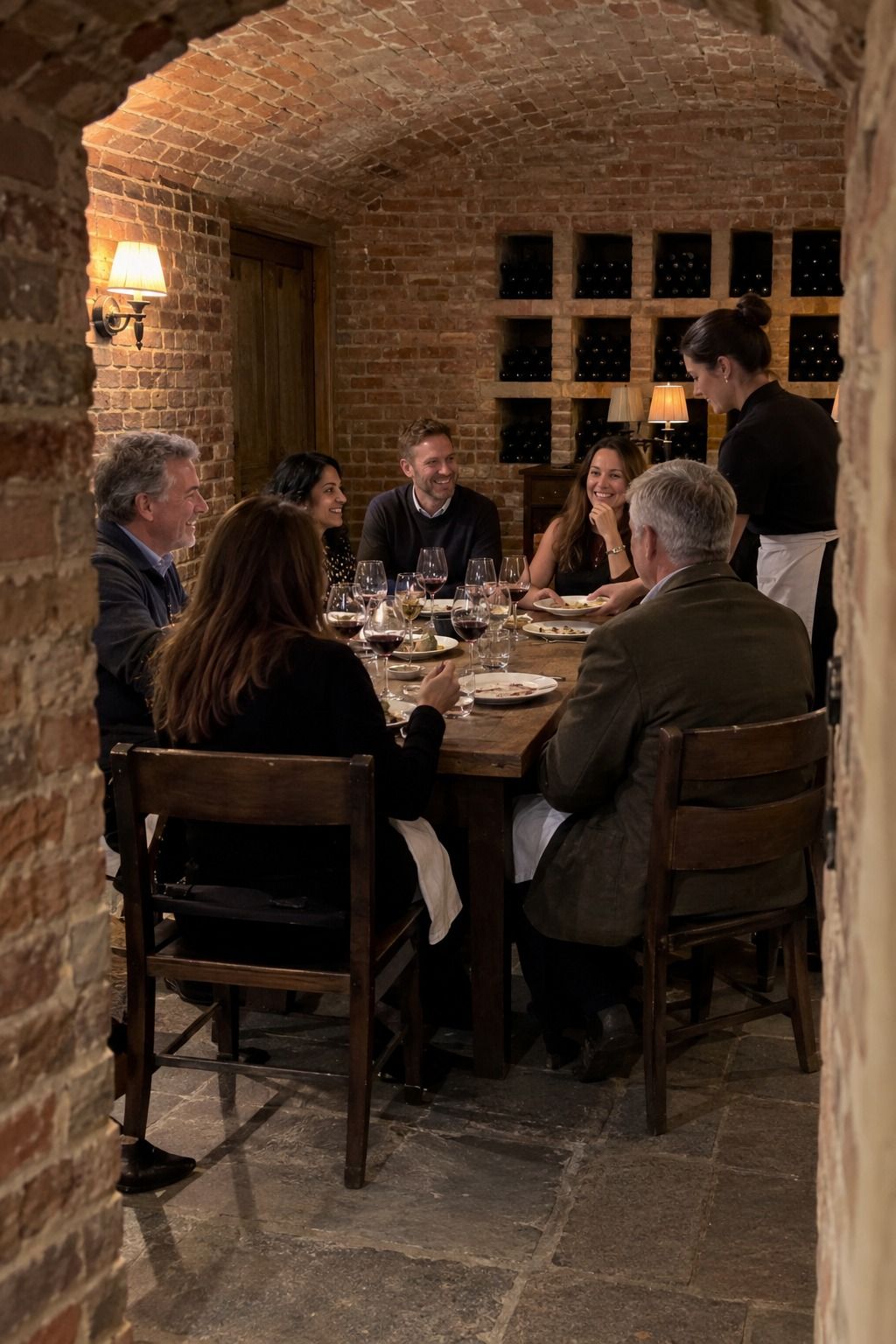A close supper-club dinner makes practical use of a warm brick wine cellar.