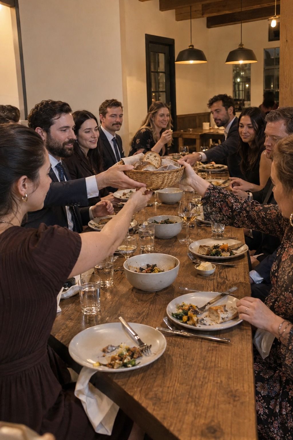 Guests pass shared bread down an occupied long reception table.