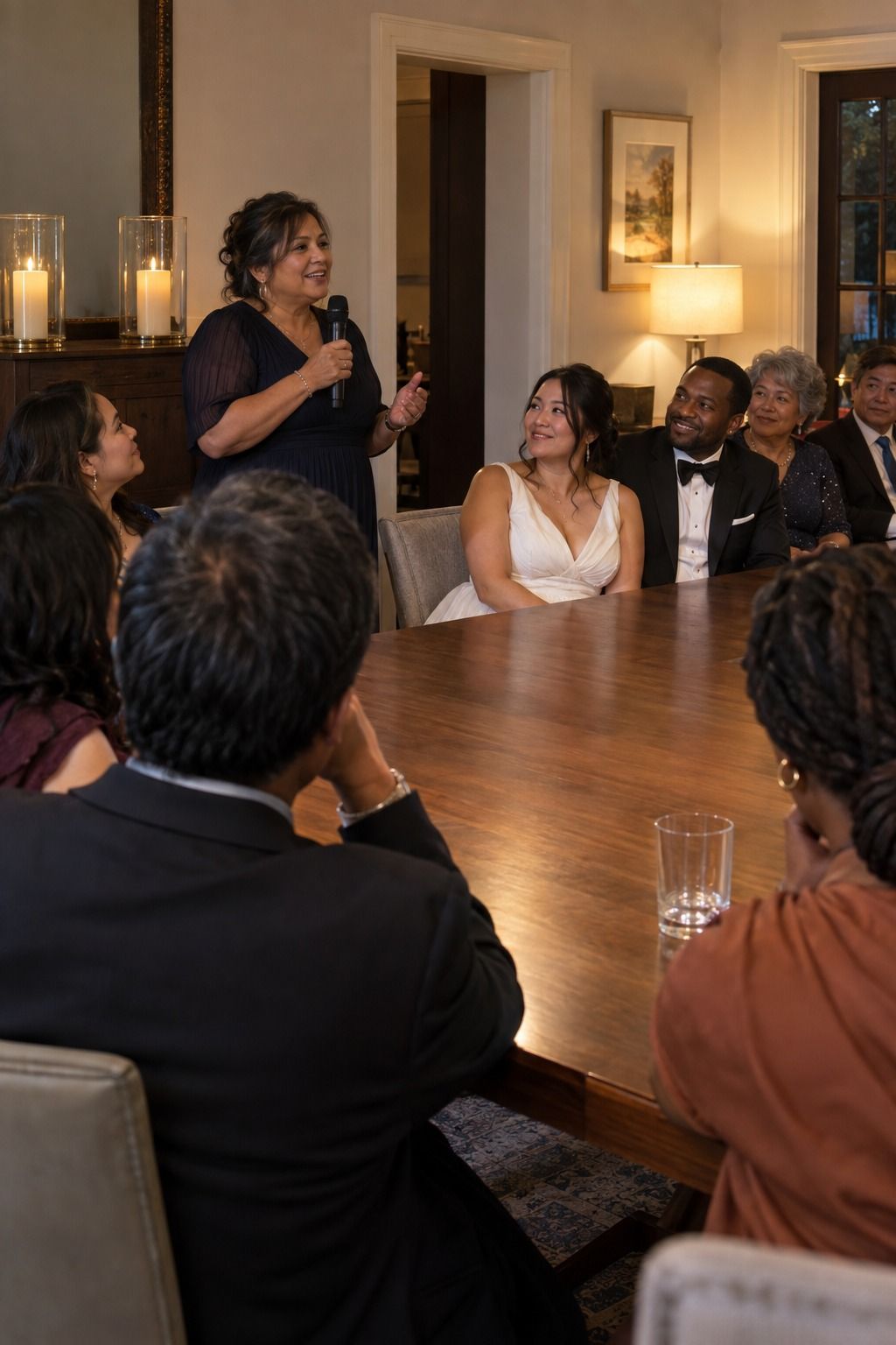 A short toast between courses keeps an intimate candlelit reception personal and paced.