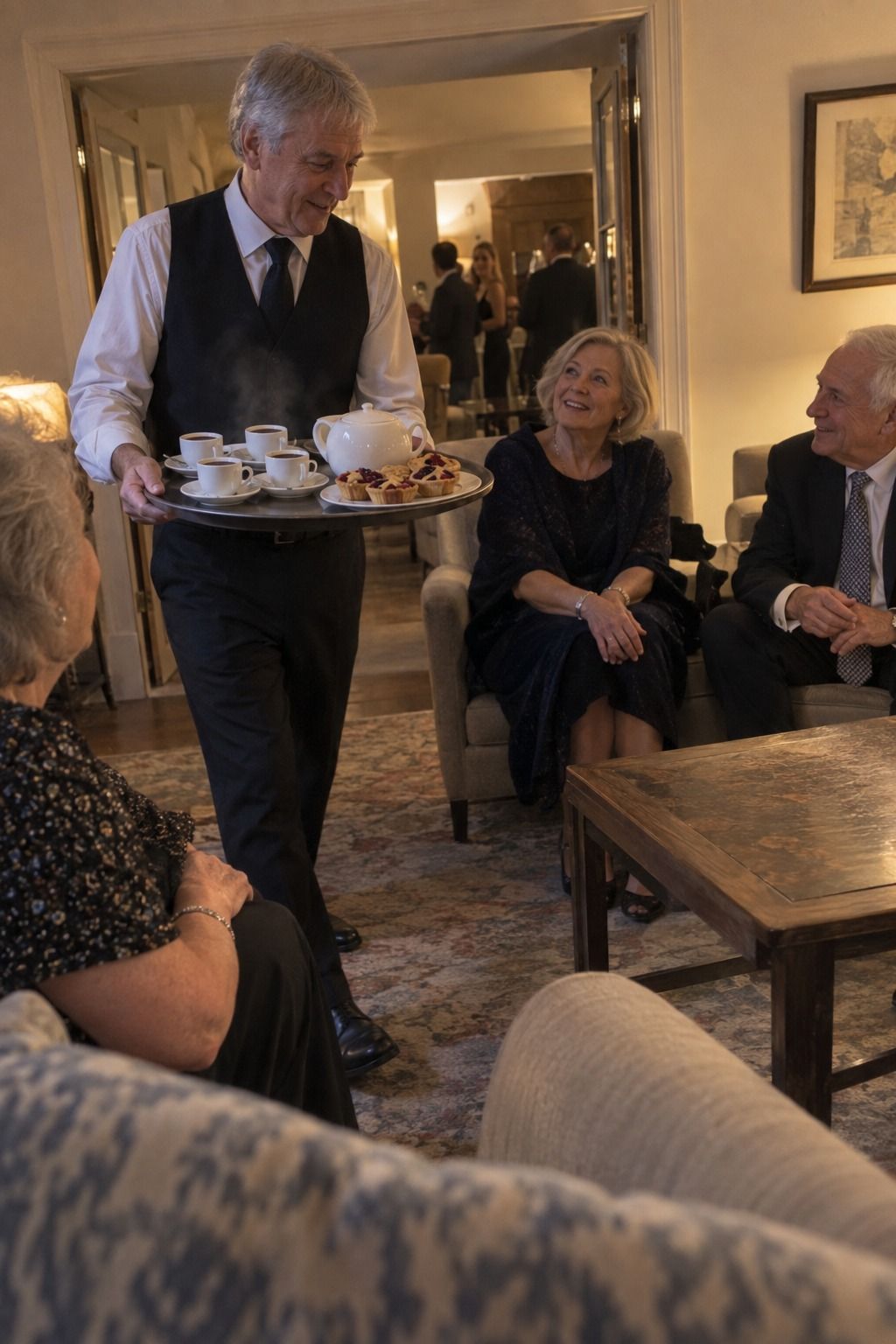 A stable passed tray brings coffee, tea, and small desserts to seated guests late in the evening.