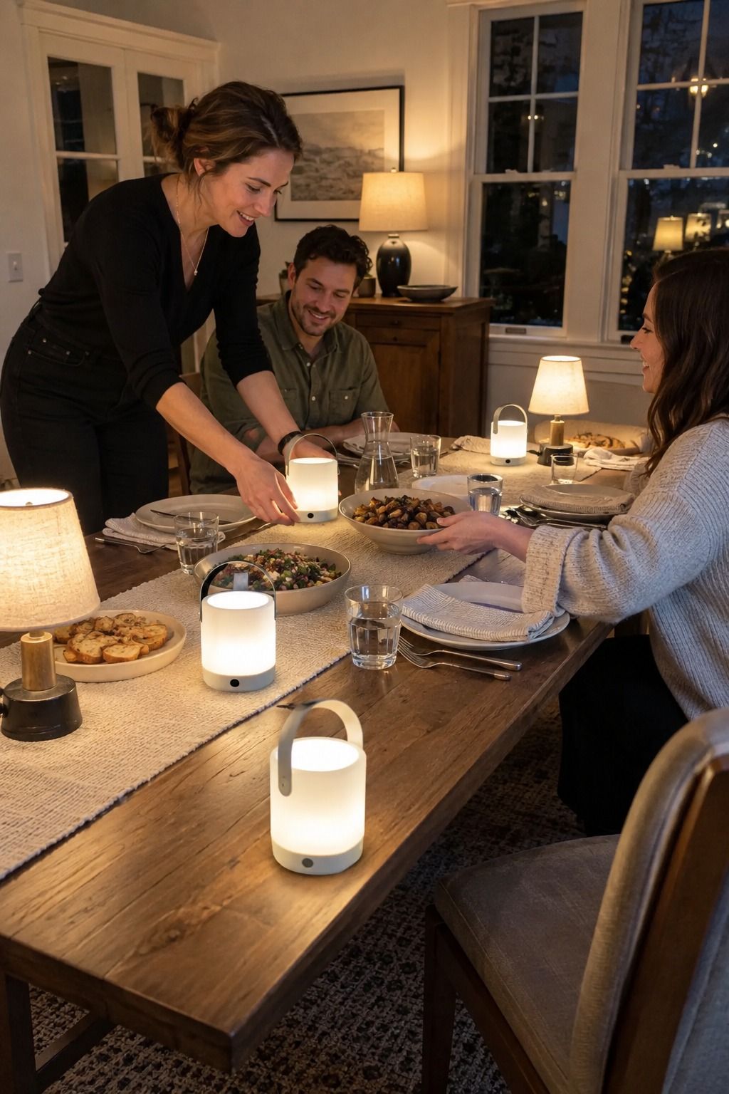 A tested table layout uses clearly artificial LED lanterns and wide serving clearance.