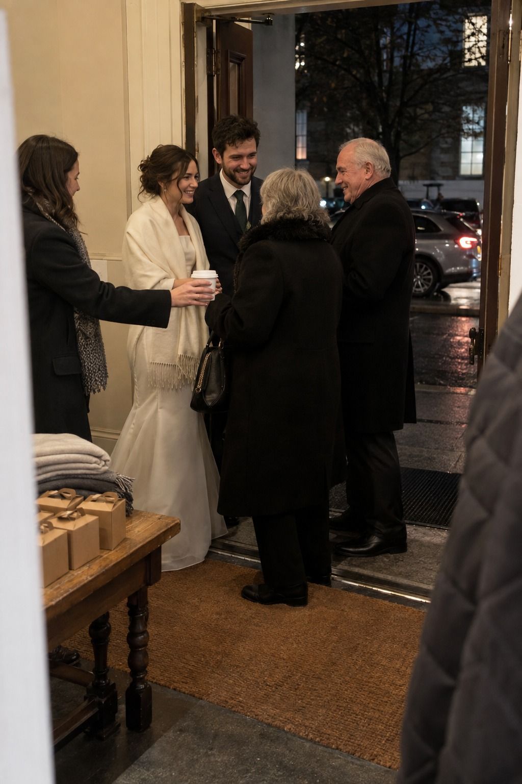 The couple hosts a warm-drink farewell beside prepared coats, wraps, favors, and a waiting ride.