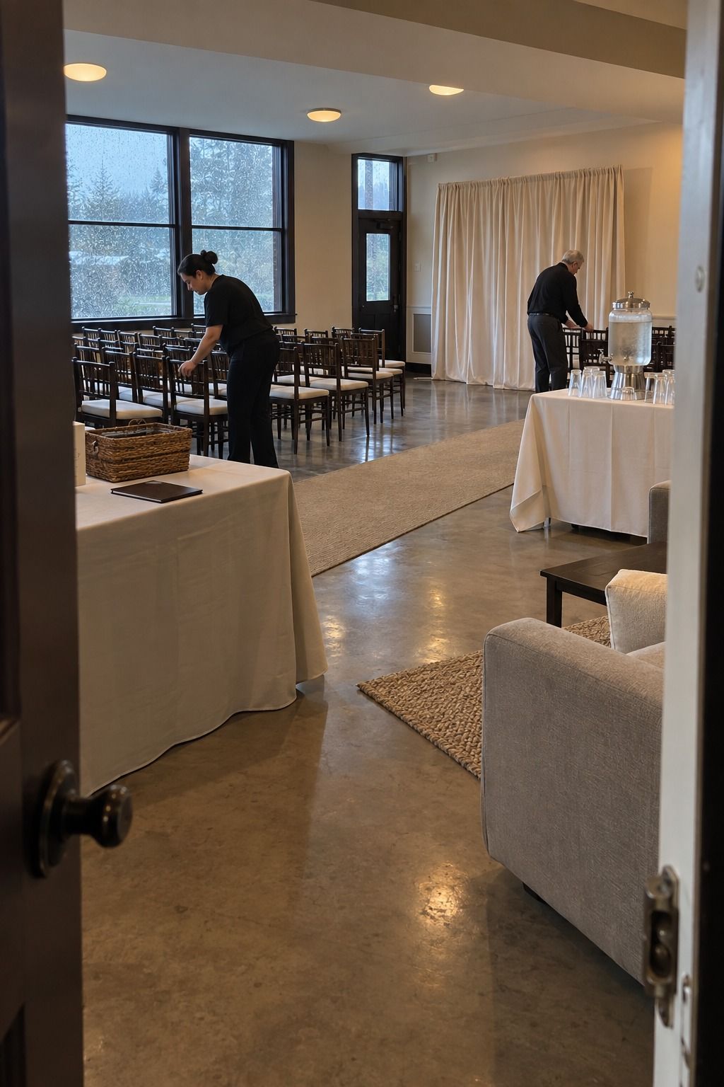 A coordinator completes a practical indoor backup while November rain falls outside.