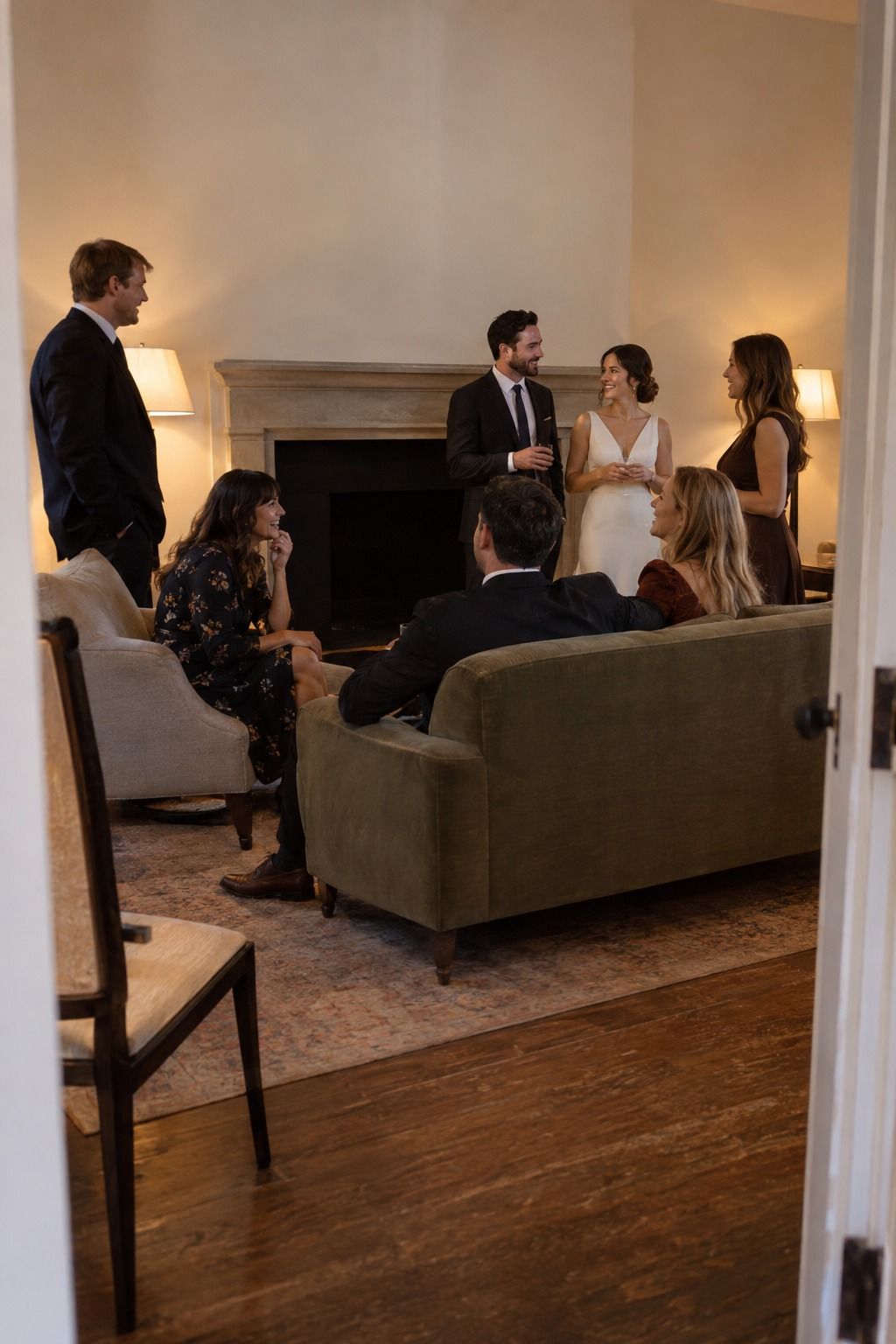 One clear central conversation area keeps the small reception gathered together.